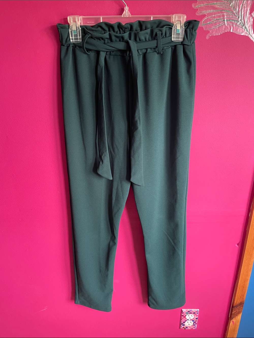 High-Waist Paperbag Tie Waist Pants - Forest Green
